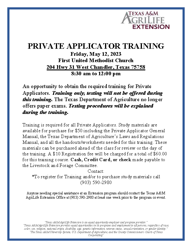 May Private Applicator Training Chandler, Texas